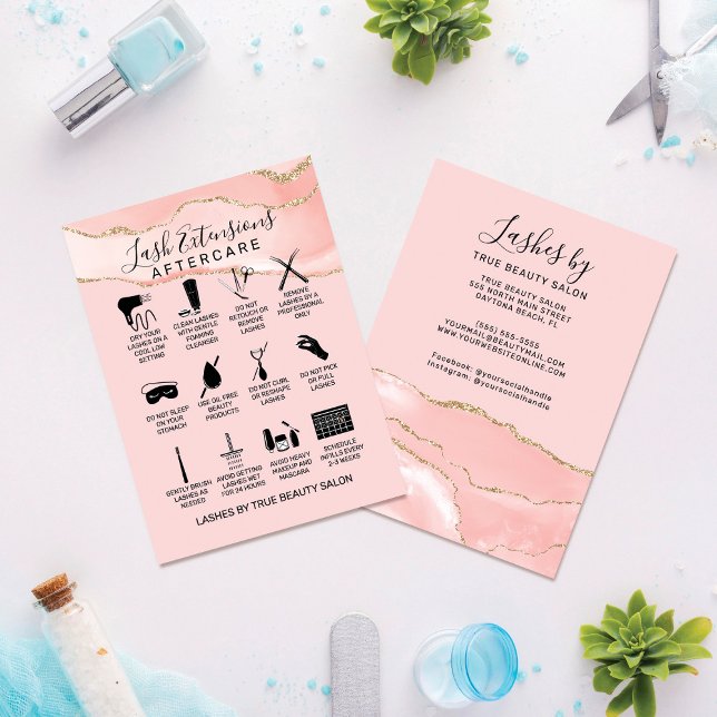 Blush Pink Gold Agate Lash Verlängerung Nachsorge Visitenkarte (Von Creator hochgeladen)