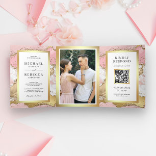 Blush Pink Gold Agate Marble QR Code Wedding Dreifach Gefaltete Einladung