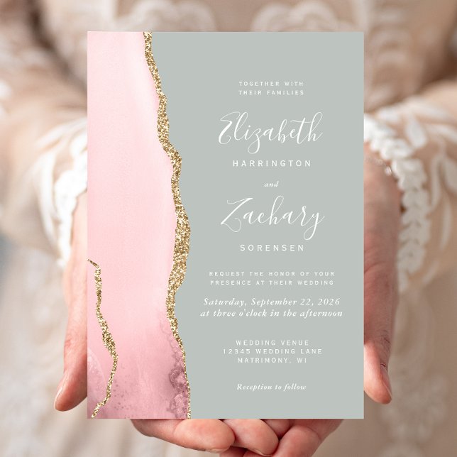 Blush Pink Gold Agate Pale Pale Sage Green Wedding Einladung (Von Creator hochgeladen)