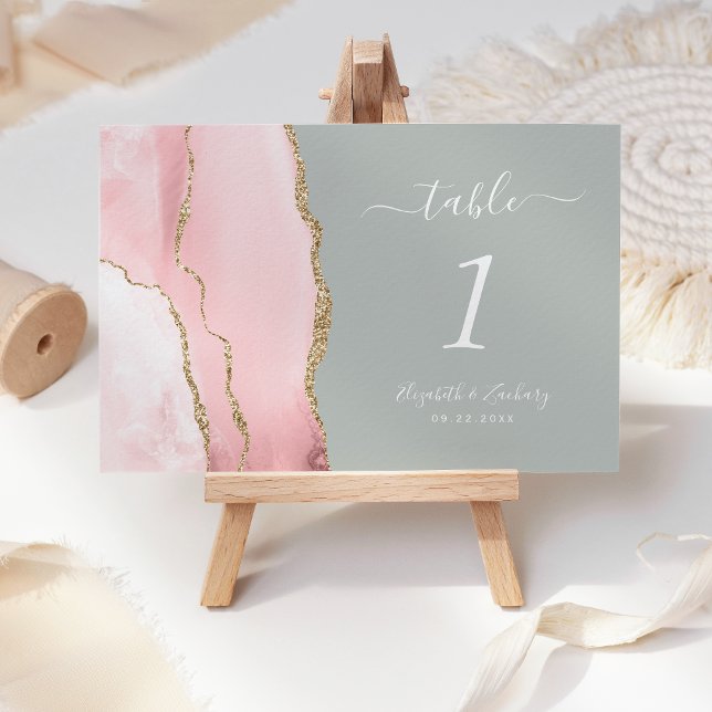 Blush Pink Gold Agate Pale Pale Sage Green Wedding Tischnummer (Von Creator hochgeladen)