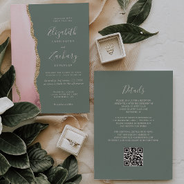 Blush Pink Gold Agate Sage Green QR Code Hochzeit Einladung
