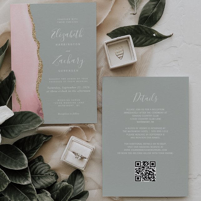 Blush Pink Gold Agate Sage Green QR Code Hochzeit Einladung (Von Creator hochgeladen)