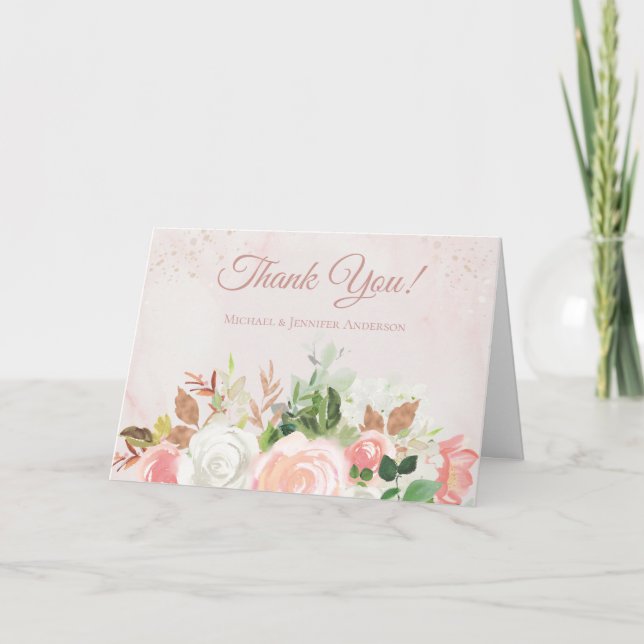 Blush Pink Gold Aquarell Blütenfarben Dankeskarte (Vorderseite)
