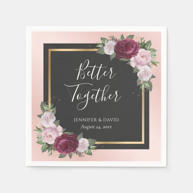 Blush Pink Gold Black Burgundy Bloral Wedding Serviette (Vorderseite)