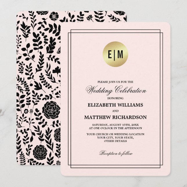 Blush Pink Gold Black Floral Wedding Einladung (Vorne/Hinten)