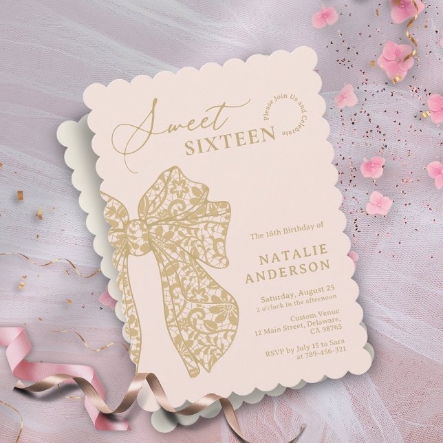 Blush Pink & Gold Bläserne Lace Bow 16 . Geburtsta Einladung (Blush Pink & Gold Floral Lace Bow Sweet Sixteen Invitation)