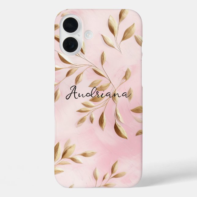 Blush Pink Gold Blätter Hochzeit iPhone 16 Plus Hülle (Rückseite)