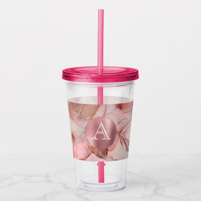 Blush Pink Gold Blätter Monogram Acryltrinkbecher (Vorderseite)