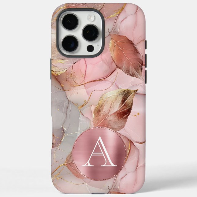 Blush Pink Gold Blätter Monogram iPhone 16 Pro Max Hülle (Rückseite)
