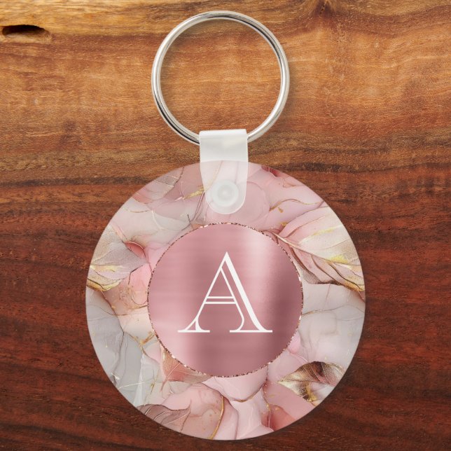 Blush Pink Gold Blätter Monogram Schlüsselanhänger (Vorderseite)