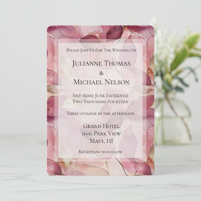 Blush Pink Gold Blätter Romantische Hochzeit Einladung (Stehend Vorderseite)