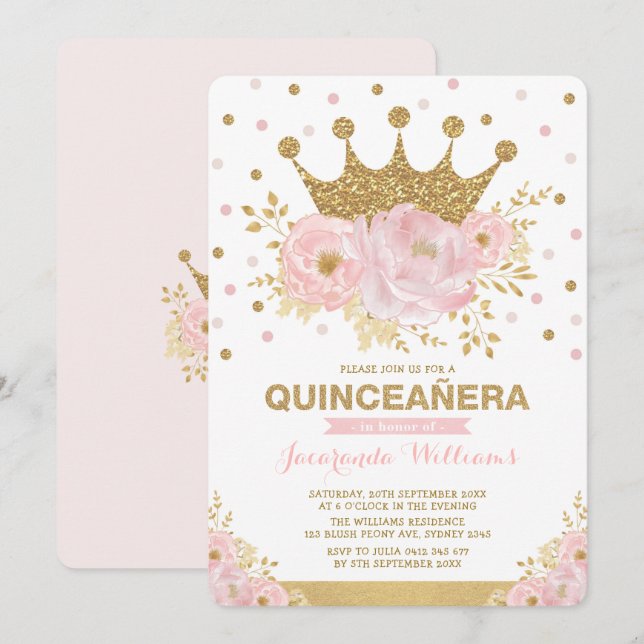 Blush Pink Gold Bloral Crocess Prinzessin Quinceañ Einladung (Vorne/Hinten)