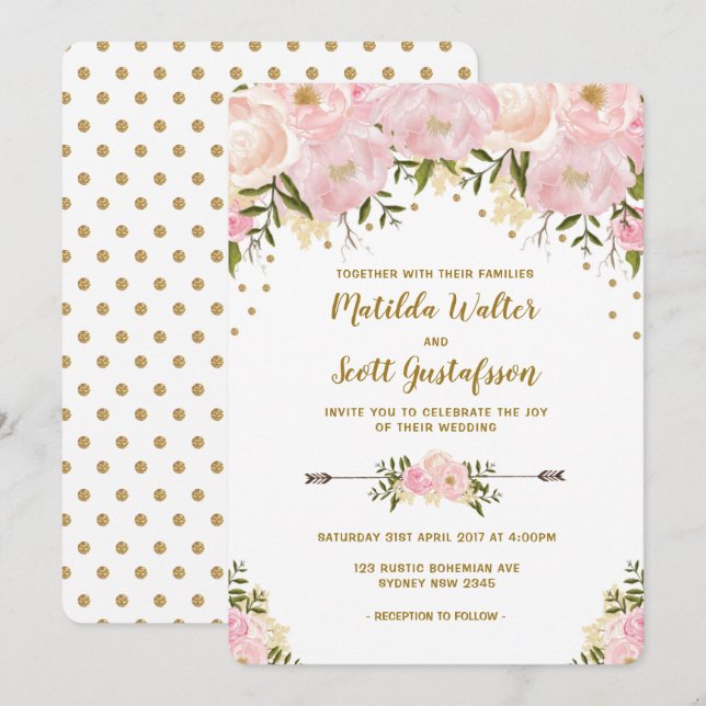 Blush Pink & Gold Bloral Hochzeitsempfang Einladung (Vorne/Hinten)
