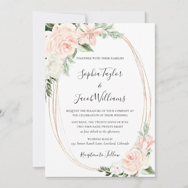 Blush Pink Gold Blumengrün Hochzeit Einladung (Vorderseite)