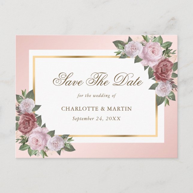 Blush Pink Gold Blumenzehen speichern das Datum Ankündigungspostkarte (Vorderseite)