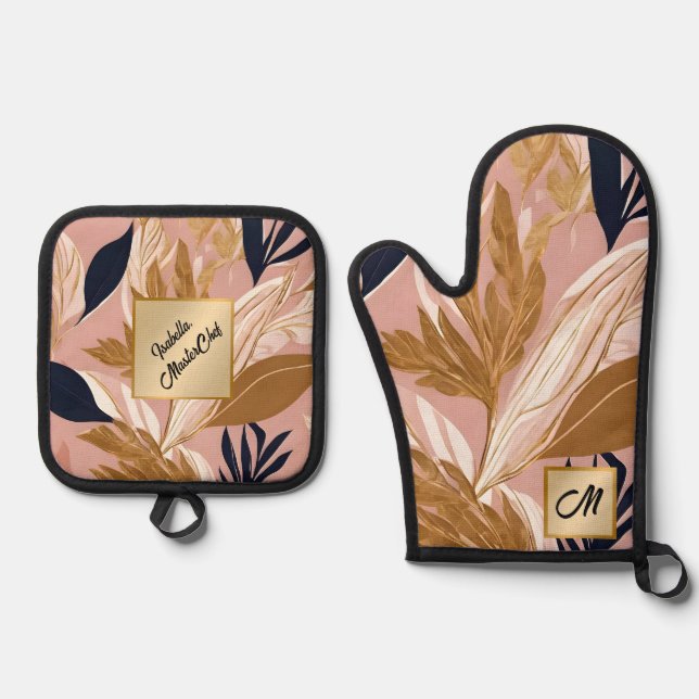 Blush Pink Gold Boho Blätter Moderne Sammlung Ofenhandschuh & Topflappen-Set (Vorderseite)