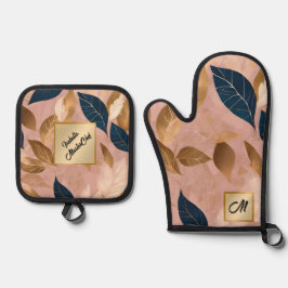 Blush Pink Gold Boho Blätter Populäre Sammlung Ofenhandschuh & Topflappen-Set
