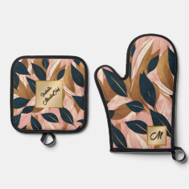 Blush Pink Gold Boho Blätter Trendy Collection Ofenhandschuh & Topflappen-Set