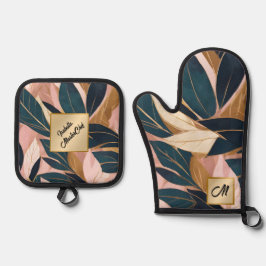 Blush Pink Gold Boho Trendy Blätter Collection Ofenhandschuh & Topflappen-Set