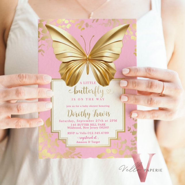 Blush Pink Gold Butterfly Baby Dusche Einladung (Von Creator hochgeladen)