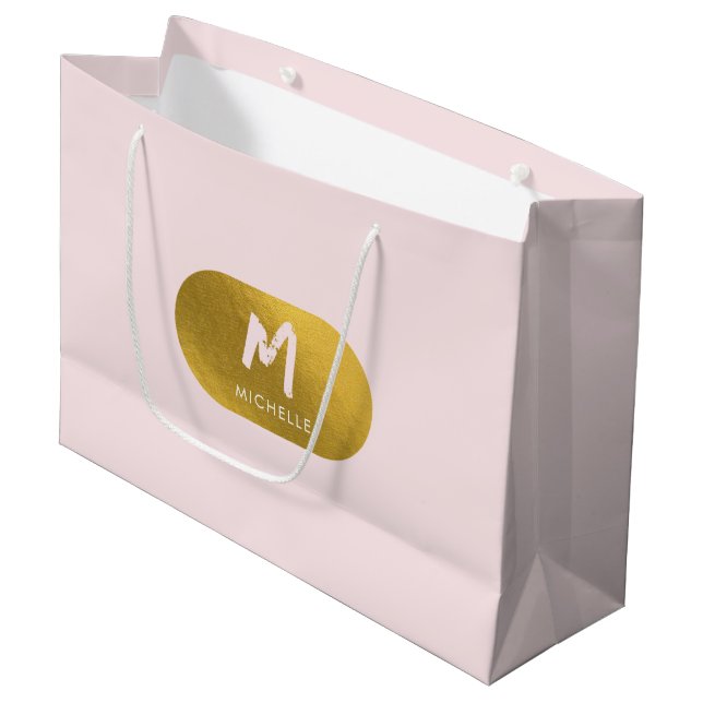 Blush Pink Gold Chic Feminine Monogram Initial Große Geschenktüte (Vorderseite Schrägansicht)