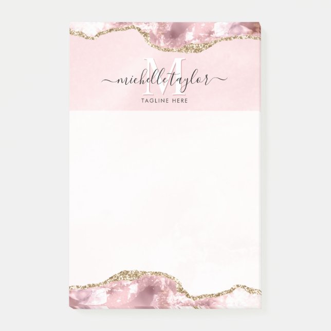 Blush Pink Gold Chic Glitzer Gold Agate Monogram Post-it Klebezettel (Vorderseite)