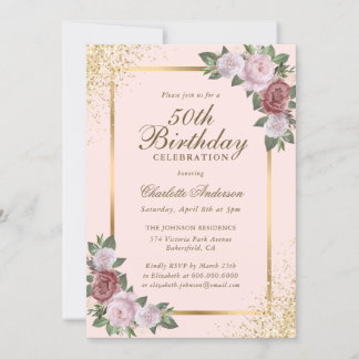 Blush Pink Gold Confetti Floral 50. Geburtstag Einladung