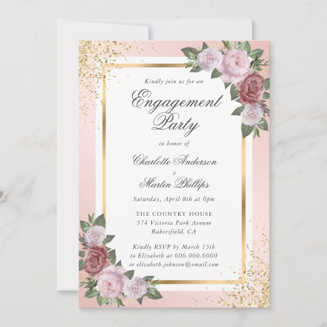 Blush Pink Gold Confetti Floral Engagement Party Einladung (Vorderseite)