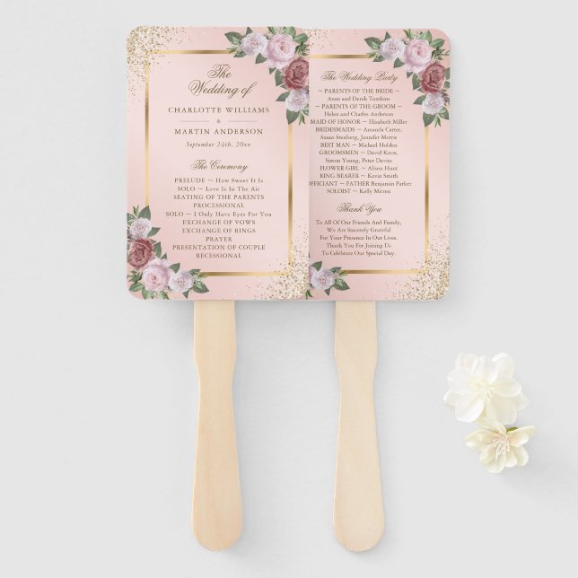 Blush Pink Gold Confetti Floral Wedding Programm Fächer (Vorne und Hinten)