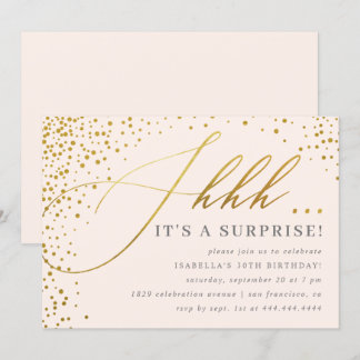 Blush Pink & Gold Confetti Script Überraschung Par Einladung
