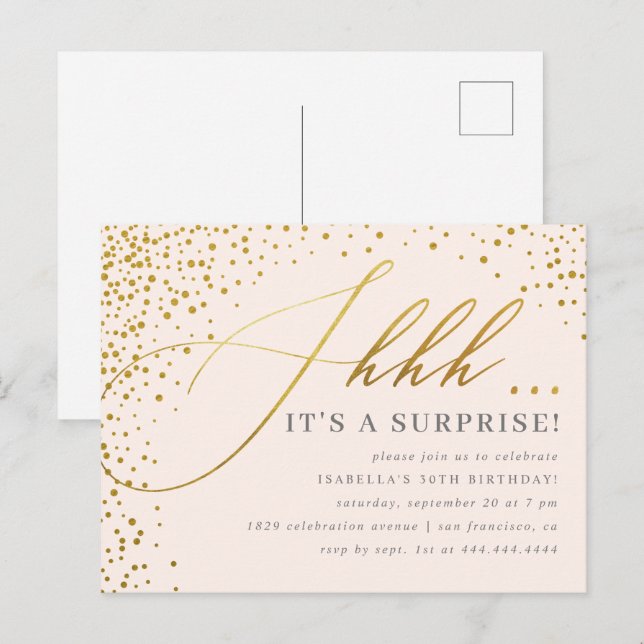 Blush Pink & Gold Confetti Script Überraschung Par Einladungspostkarte (Vorne/Hinten)