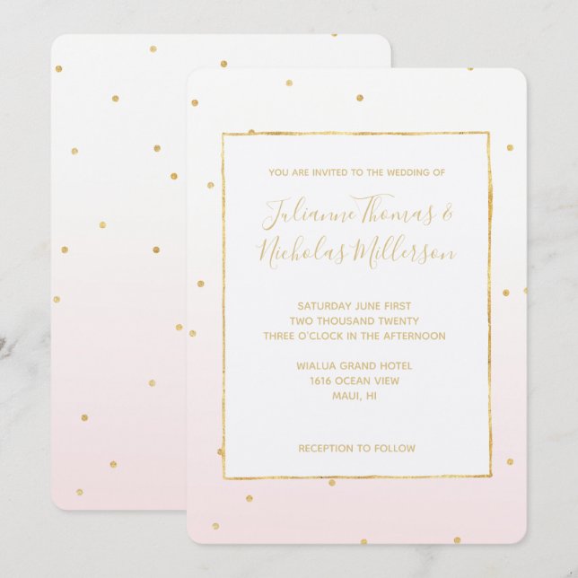 Blush Pink Gold Confetti Sparkle Ombre Wedding Einladung (Vorne/Hinten)