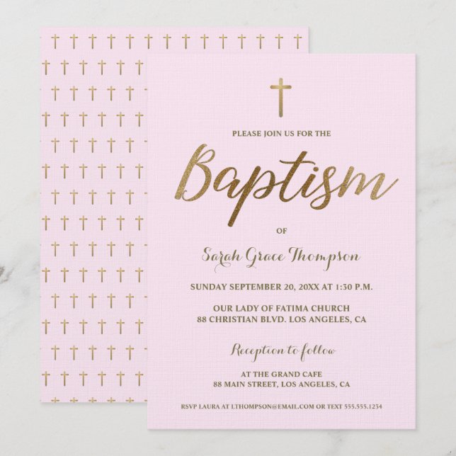 Blush Pink Gold Cross Custom Baby Girl Taufe Einladung (Vorne/Hinten)