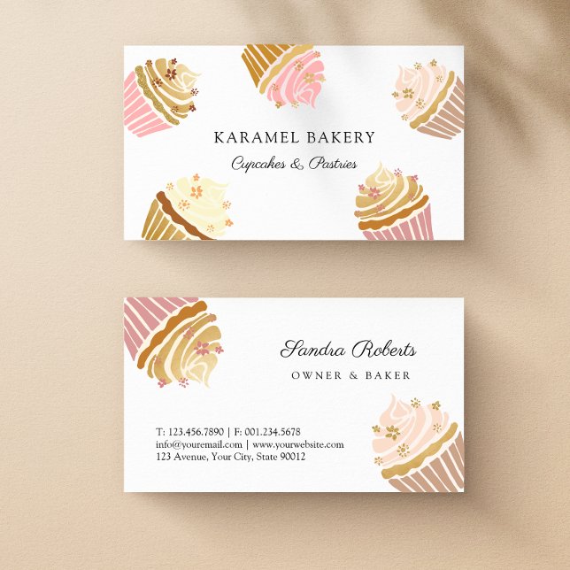 Blush Pink Gold Cupcakes Backpacker Business Card Visitenkarte (Blush Pink and Gold Cupcakes Bakery Business Card)
