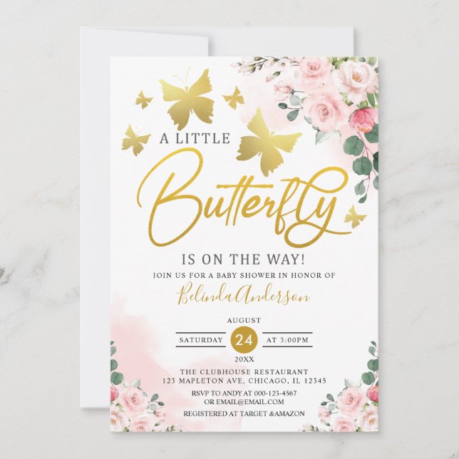 Blush Pink Gold ein wenig Schmetterling Baby Dusch Einladung (Vorderseite)