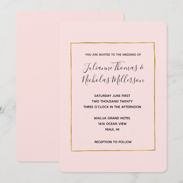 Blush Pink Gold Einfache Chic Hochzeitseinladungen Einladung (Vorne/Hinten)