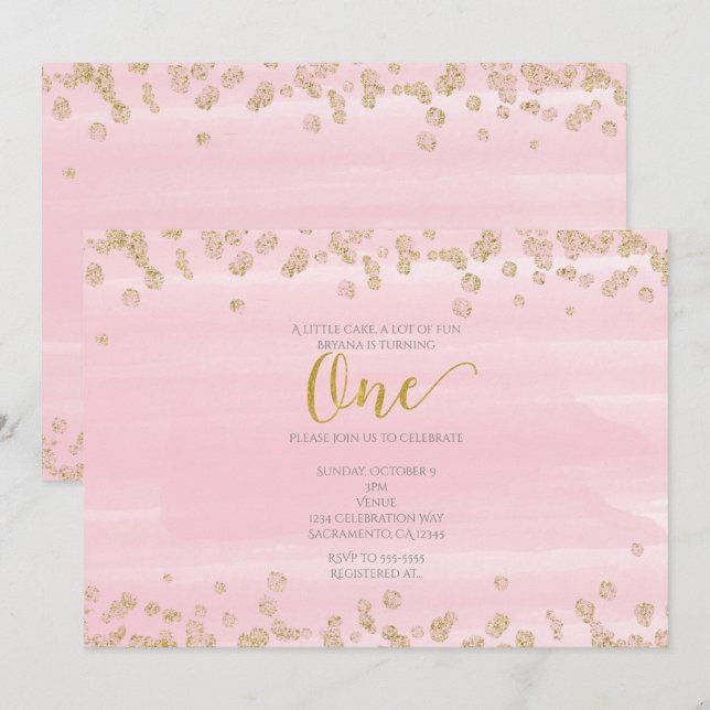 Blush Pink & Gold Einladung 1. Geburtstag (Vorne/Hinten)