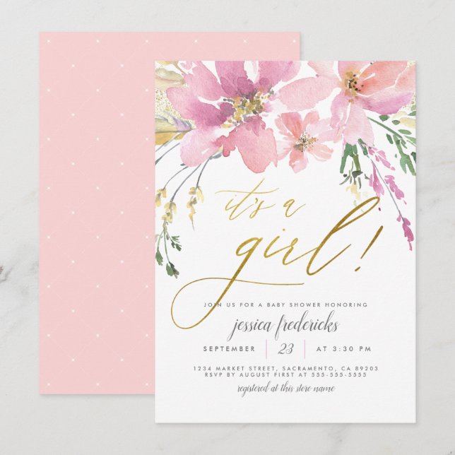 Blush Pink & Gold Es ist eine Girl Floral Baby Dus Einladung (Vorne/Hinten)