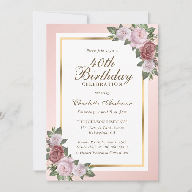 Blush Pink Gold Floral 40e anniversaire Invitation (Devant)