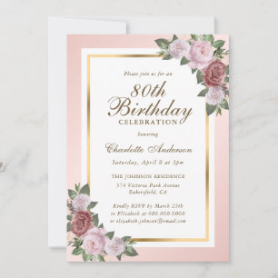 Blush Pink Gold Floral 80e anniversaire Invitation