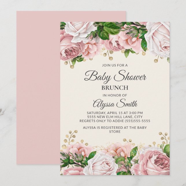 Blush Pink Gold Floral Baby Dusche Brunch Einladung (Vorne/Hinten)