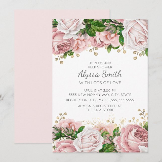 Blush Pink Gold Floral Baby Dusche Einladung (Vorne/Hinten)