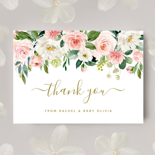 Blush Pink Gold Floral Baby Dusche Vielen Dank Dankeskarte (Pink Floral Thank You Card)