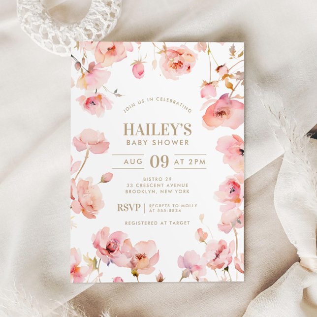 Blush Pink Gold Floral Baby in Bloom Baby Dusche Einladung (Von Creator hochgeladen)
