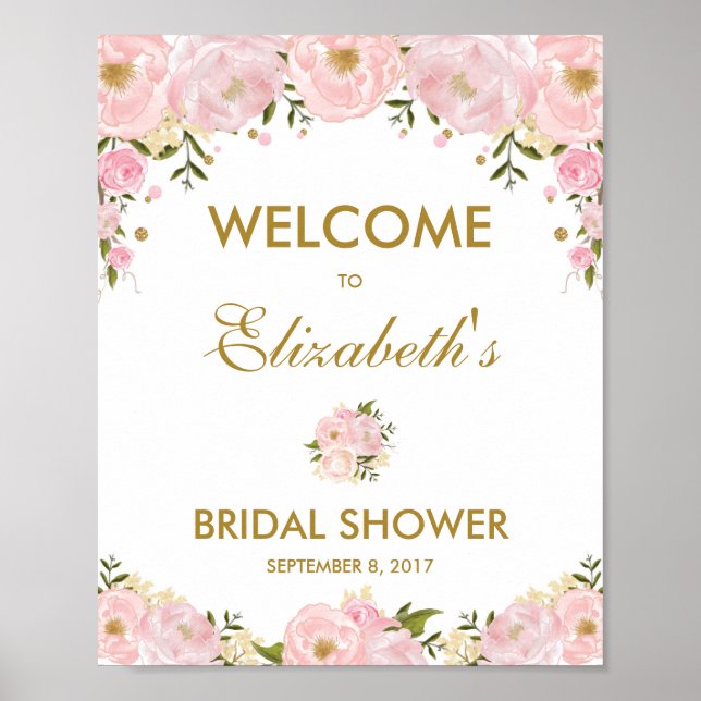 Blush Pink Gold Floral Brautparty Begrüßungszeiche Poster (Vorne)