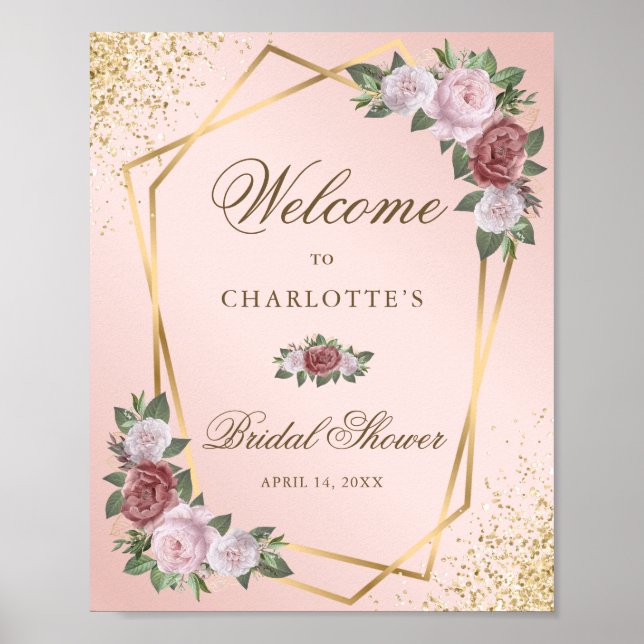 Blush Pink Gold Floral Brautparty Begrüßungszeiche Poster (Vorne)