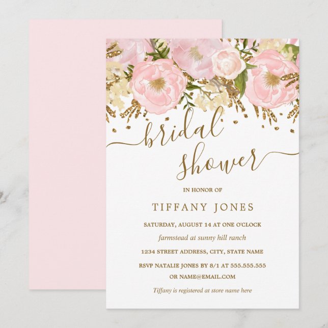 Blush Pink Gold Floral Confetti Brautparty Einladung (Vorne/Hinten)