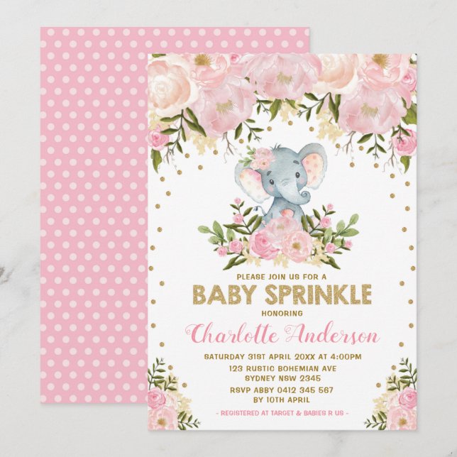 Blush Pink Gold Floral Elephant Girl Baby Sprinkle Einladung (Vorne/Hinten)