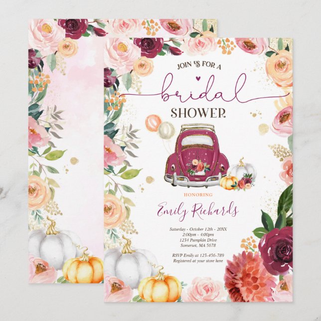 Blush Pink Gold Floral Fall Pumpkin Brautparty Einladung (Vorne/Hinten)