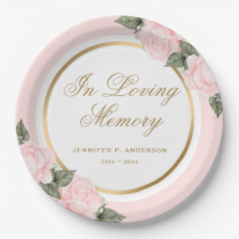 Blush Pink Gold Floral Gedenkfeier Beerdigung Pappteller